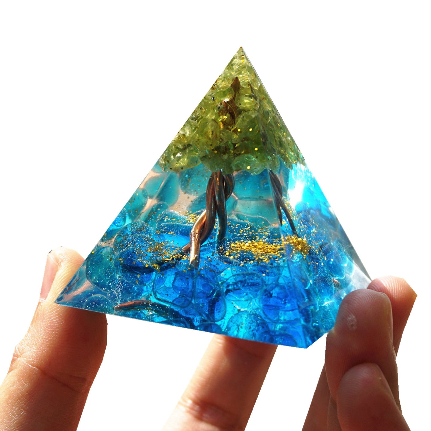 Orgone Pyramid Peridot Cristal Tree Of Life Blue Crystal Copper Reiki Energy HEALING Orgonite EMF Protection Pyramid